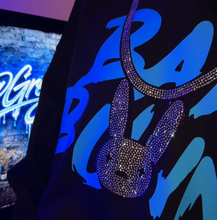 Load and play video in Gallery viewer, ๐ Limited Edition Bad Bunny Bling Chain Hoodie โ Luxury Rhinestone Statement Piece ๐